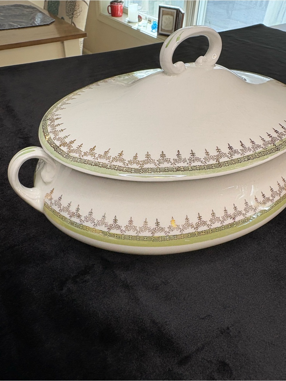 Vintage Homer Laughlin White Covered Serving Dish with Green and Gold Trim - Picture 3 of 10